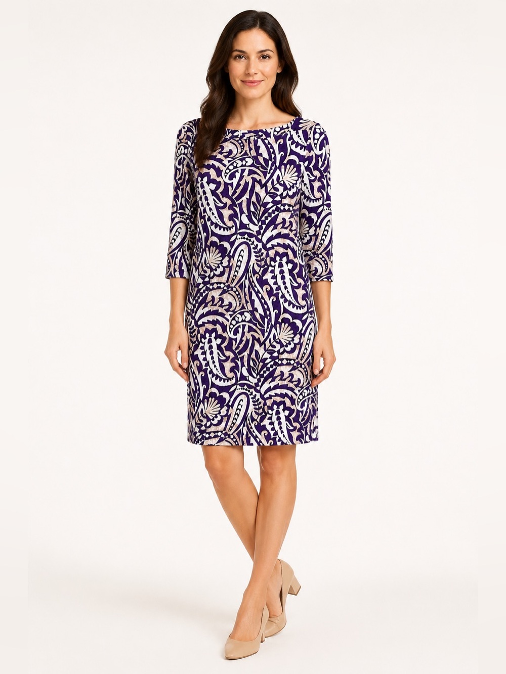 🌺 J. McLaughlin Purple Cream Paisley 3/4 Sleeve Shift Dress